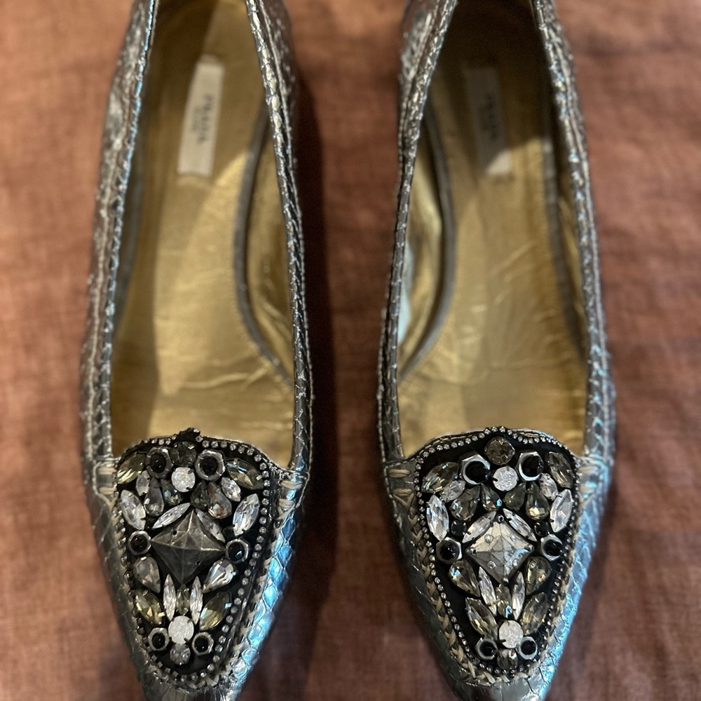 Prada Silver Flats with Crystal Embellishments